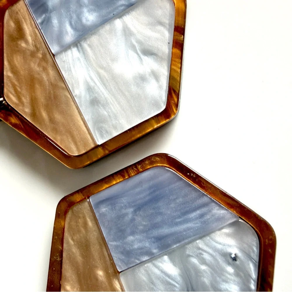 3/$22🩶 Blue & Brown Pearly Acrylic Hexagon Earrings PREOWNED Large Boho Jewelry